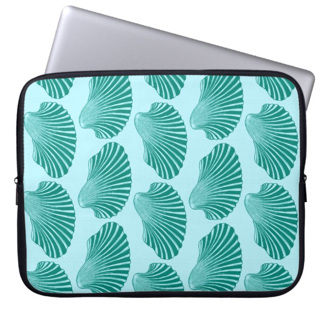 Scallop Shell Block Print, Turquoise en Aqua Laptop Sleeve (Voorkant)