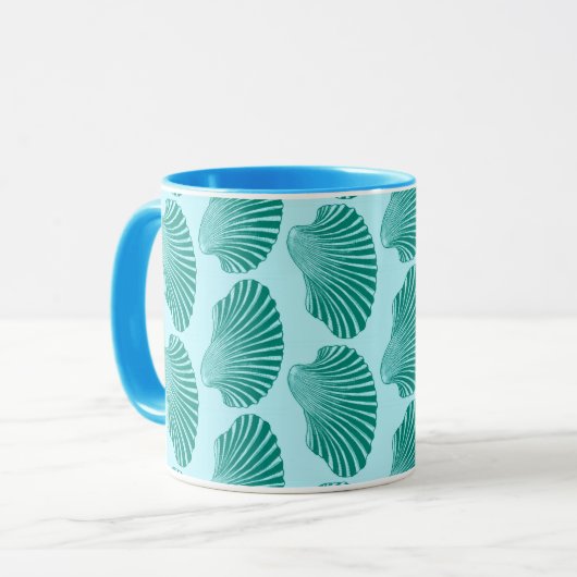 Scallop Shell Block Print, Turquoise en Aqua Mok (Voorkant links)
