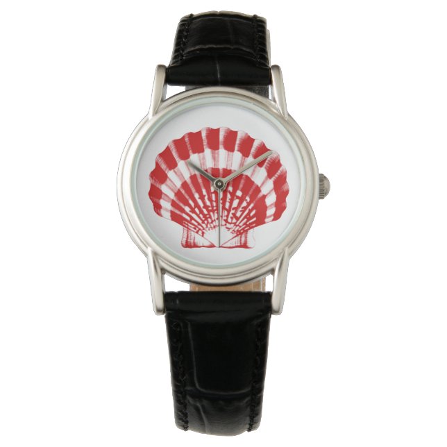 Scallop Shell - diep rood en wit Horloge (Voorkant)