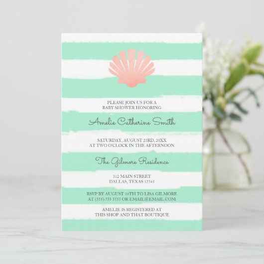 Scallop Shell | Koraal en mint | Baby shower Kaart (Staand voorkant)
