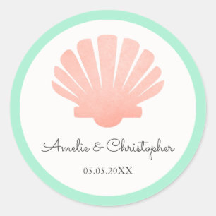 Scallop Shell Koraal & Munt Gepersonaliseerde br Ronde Sticker