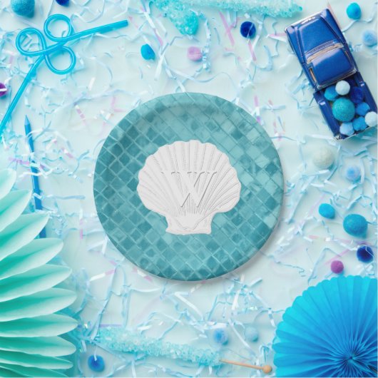 Scallop Shell Monogram Aqua Zee Glass Papieren Bordje (Feest)