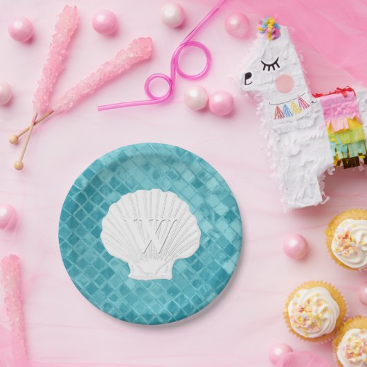 Scallop Shell Monogram Aqua Zee Glass Papieren Bordje (Feest)