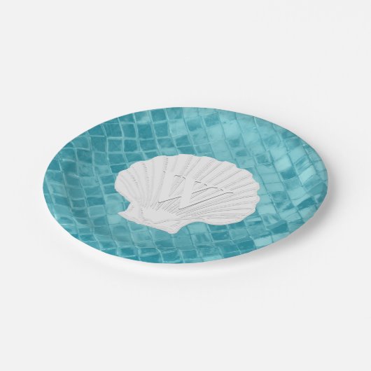 Scallop Shell Monogram Aqua Zee Glass Papieren Bordje (Gekanteld)