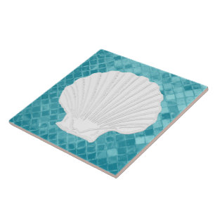 Scallop Shell op Aqua Zeeen glaspatroon Tegeltje