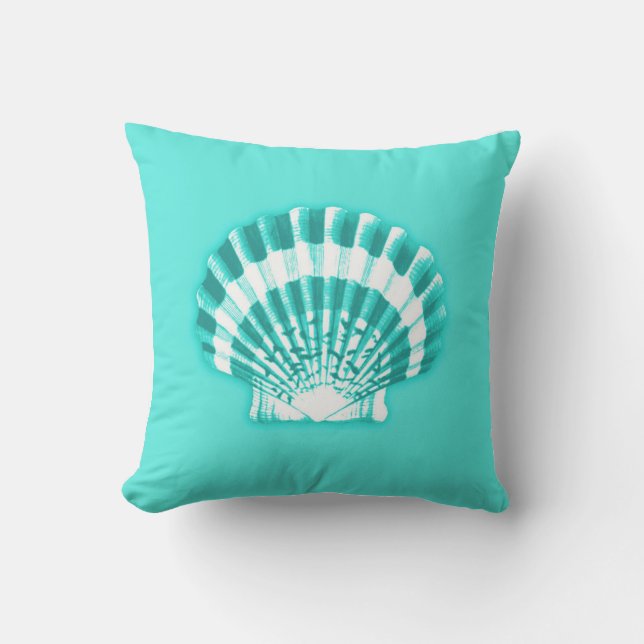 Scallop Shell - Turquoise en White op Aqua Buitenkussen (Voorkant)