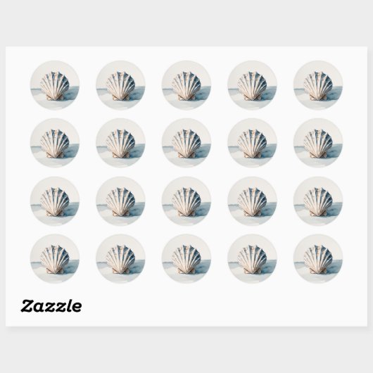 Scallop Shell Waterverf Art – Coastal Blue Ronde Sticker (Vel)