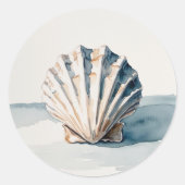 Scallop Shell Waterverf Art – Coastal Blue Ronde Sticker (Voorkant)