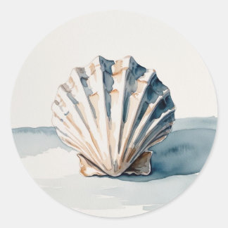 Scallop Shell Waterverf Art – Coastal Blue Ronde Sticker