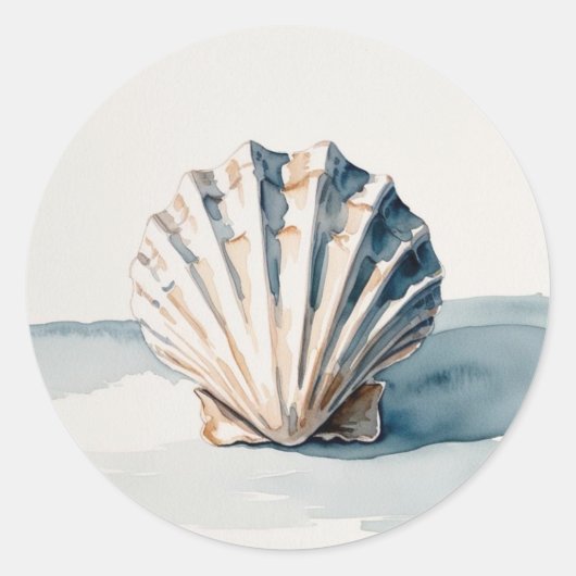 Scallop Shell Waterverf Art – Coastal Blue Ronde Sticker (Voorkant)