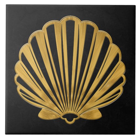Scallop Shell - zwart marmer en goud Tegeltje (Voorkant)