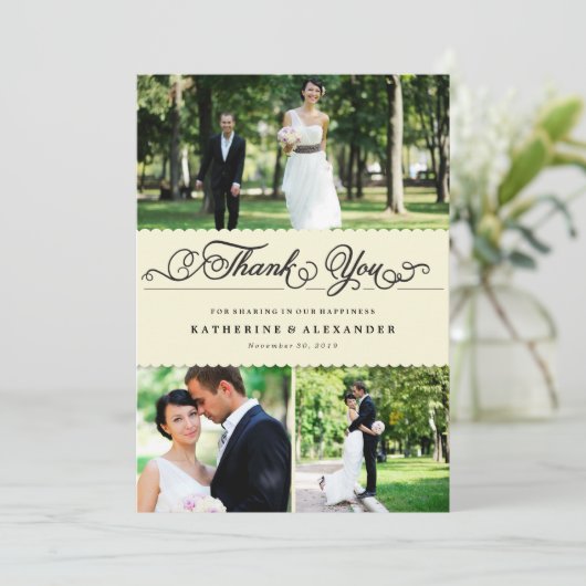 Scalloped Band Romantic Script Multi Photo Wedding Bedankkaart (Staand voorkant)
