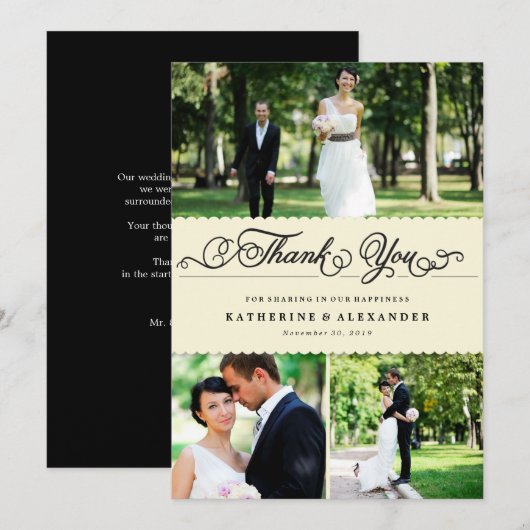 Scalloped Band Romantic Script Multi Photo Wedding Bedankkaart (Voorkant / Achterkant)