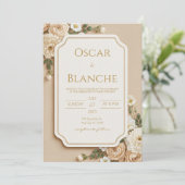 Scalloped Beige Ivory Floral Gilded Wedding Kaart (Staand voorkant)