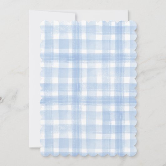 Scalloped Blue Gingham Laurel Crest First Birthday Kaart (Achterkant)