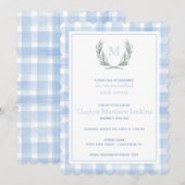 Scalloped Blue Gingham Laurel Crest First Birthday Kaart (Voorkant / Achterkant)