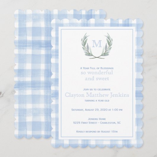 Scalloped Blue Gingham Laurel Crest First Birthday Kaart (Voorkant / Achterkant)