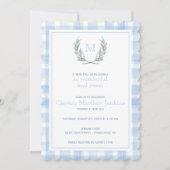 Scalloped Blue Gingham Laurel Crest First Birthday Kaart (Voorkant)