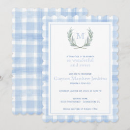 Scalloped Blue Gingham Laurel Crest First Birthday Kaart