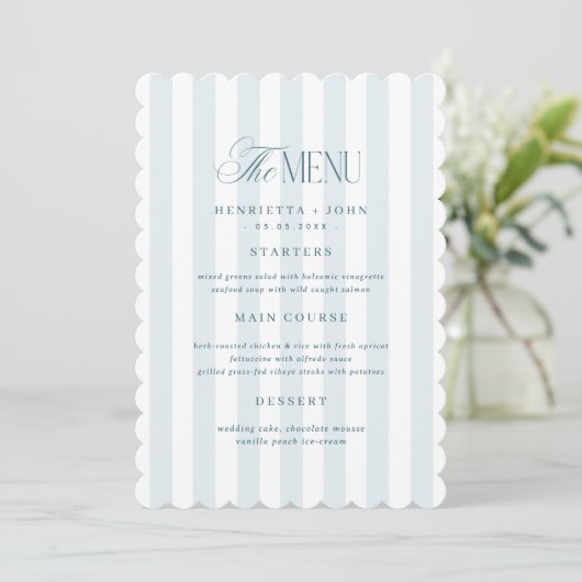 Scalloped Edge Timeless Blue Stripes Menu Card Kaart (Staand voorkant)