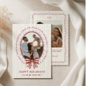 Scalloped Frame + Striped Bow Holiday Photo Card Kaart