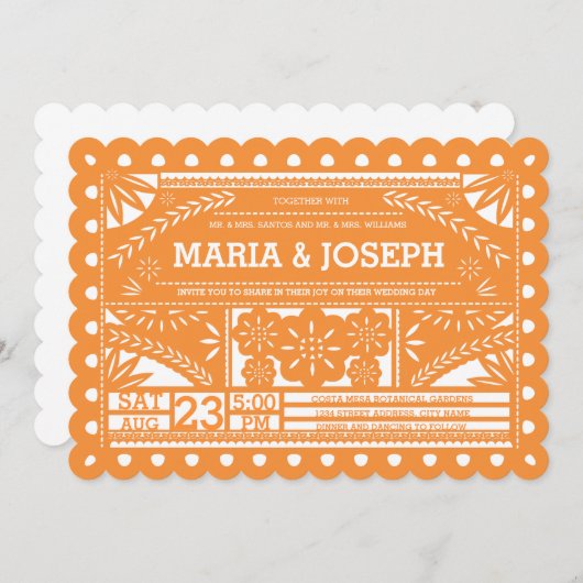 Scalloped Papel Picado Wedding Invite - Oranje Kaart (Voorkant / Achterkant)