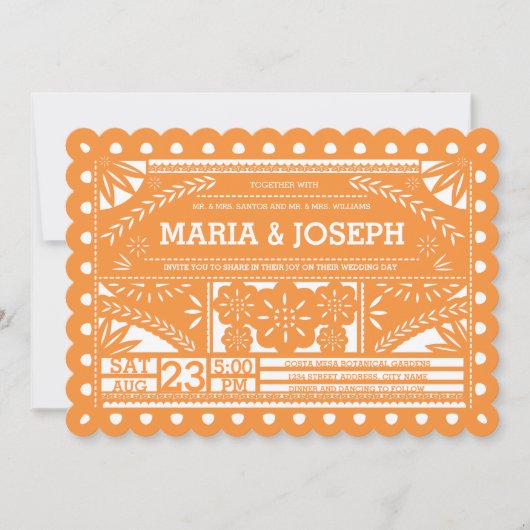 Scalloped Papel Picado Wedding Invite - Oranje Kaart (Voorkant)