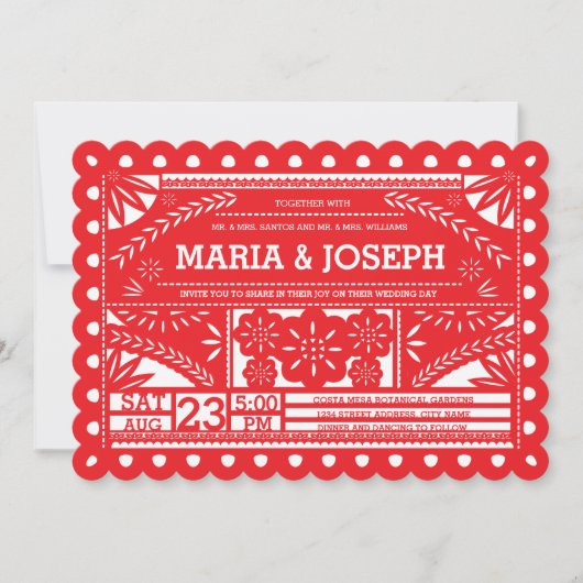 Scalloped Papel Picado Wedding Invite - Rood Kaart (Voorkant)
