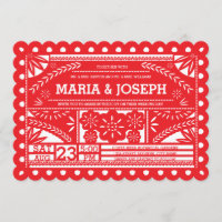 Scalloped Papel Picado Wedding Invite - Rood