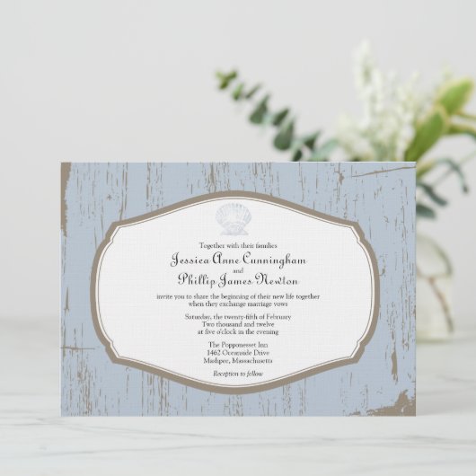 Scalloped Shell Rustic Beach Wedding Kaart (Staand voorkant)
