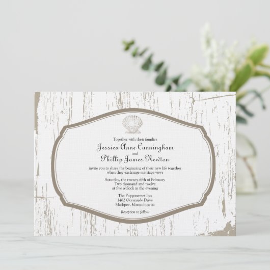 Scalloped Shell Rustic Beach Wedding Kaart (Staand voorkant)