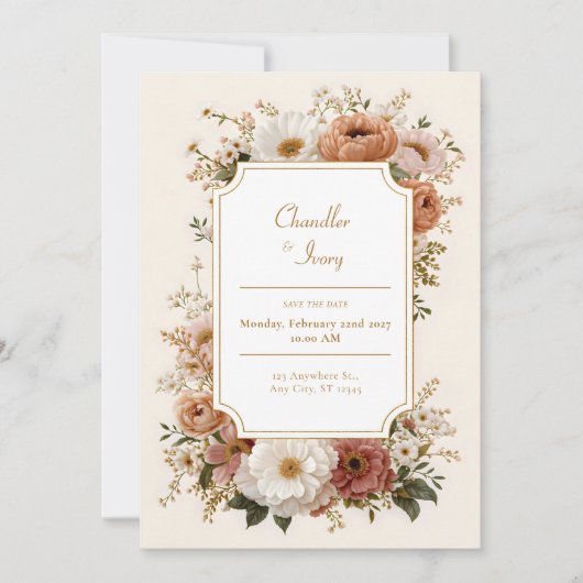 Scalloped Terracotta Peach Wildflower Wedding Kaart (Voorkant)