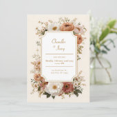 Scalloped Terracotta Peach Wildflower Wedding Kaart (Staand voorkant)