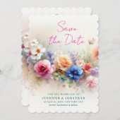 Scalloped Watercolor Flowers Script Save The Date (Voorkant / Achterkant)