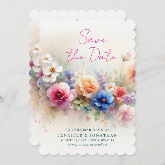 Scalloped Watercolor Flowers Script Save The Date (Voorkant / Achterkant)