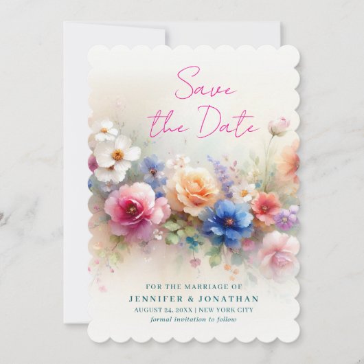 Scalloped Watercolor Flowers Script Save The Date (Voorkant)