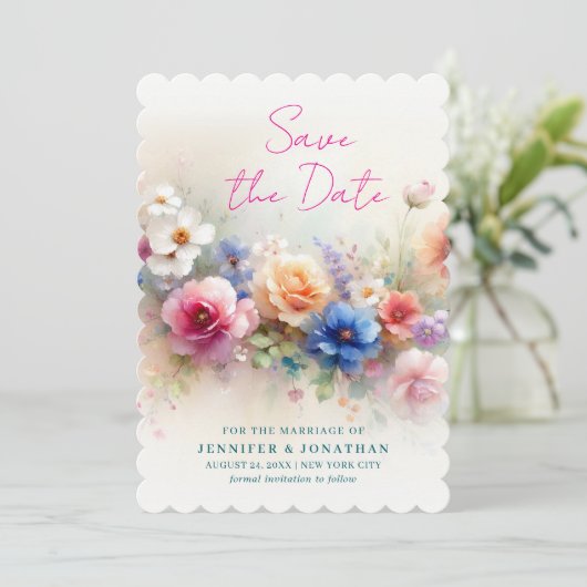 Scalloped Watercolor Flowers Script Save The Date (Staand voorkant)