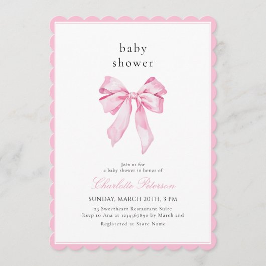 Scallopped Pink Bow Baby Shower Invitation Kaart (Voorkant)