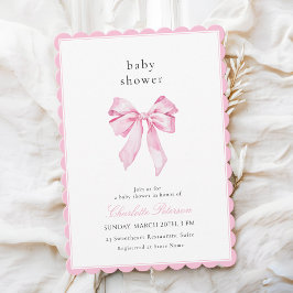 Scallopped Pink Bow Baby Shower Invitation Kaart