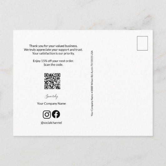 Scan de Code Korting volgende bestelling Blauw Wit Briefkaart (Achterkant)