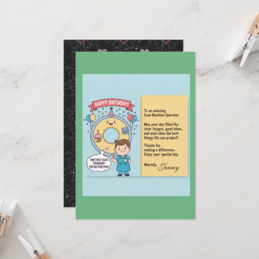 Scan Machine Operators' Birthday Kaart (Voorkant / Achterkant in situ)