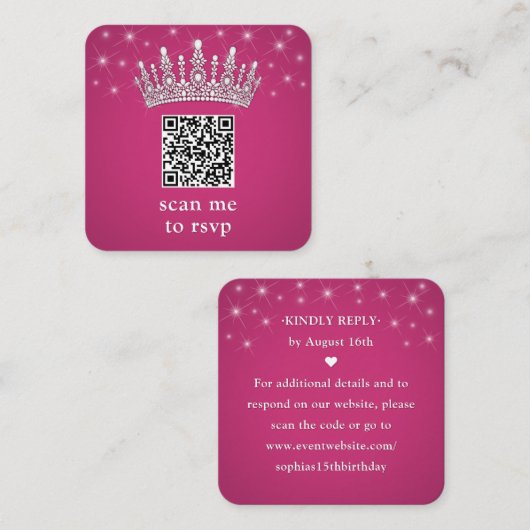 Scan Me QR RSVP Quinceañera Crown Fuschia Pink Informatiekaartje (Voorkant / Achterkant)