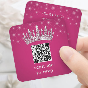 Scan Me QR RSVP Quinceañera Kroon Fuschia Roze Informatiekaartje
