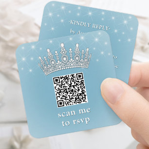 Scan Me QR RSVP Quinceañera Kroon Lichtblauw Informatiekaartje