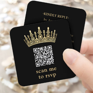 Scan Me QR RSVP Zwart en Goud Quinceañera Kroon Informatiekaartje