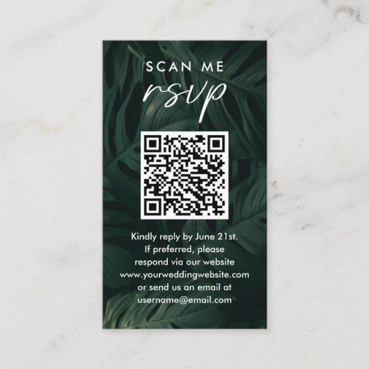 Scan me RSVP bestemming Tropische bruiloft QR Code Informatiekaartje (Voorkant)