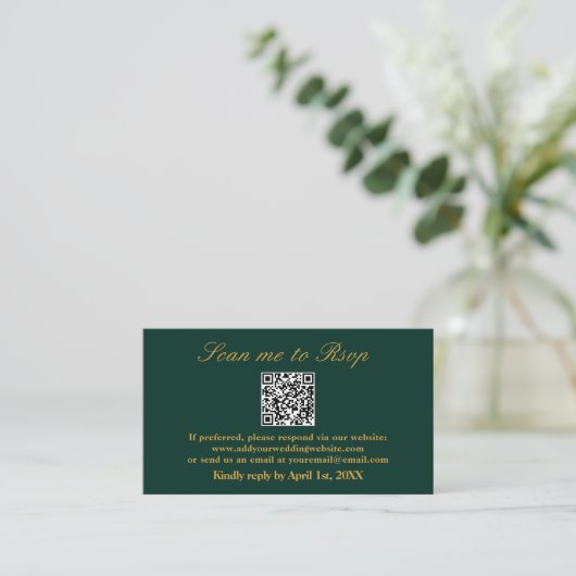 Scan me RSVP Emerald Green Gold Wedding QR Code Informatiekaartje (Staand voorkant)