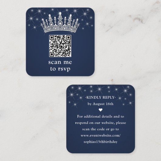 Scan Me RSVP QR Code Quinceañera Crown Navy Blue Informatiekaartje (Voorkant / Achterkant)
