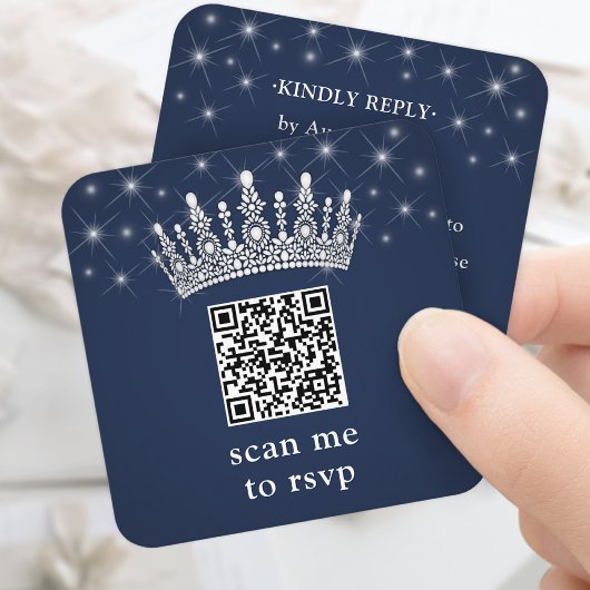 Scan Me RSVP QR Code Quinceañera Crown Navy Blue Informatiekaartje