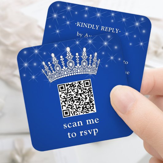 Scan Me RSVP QR Code Quinceañera Crown Royal Blue Informatiekaartje